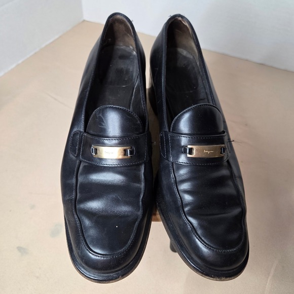 Salvatore Ferragamo Shoes - Salvatore Ferragamo Black Leather Block Heel Loafers Gold Logo Italy women 6.5B